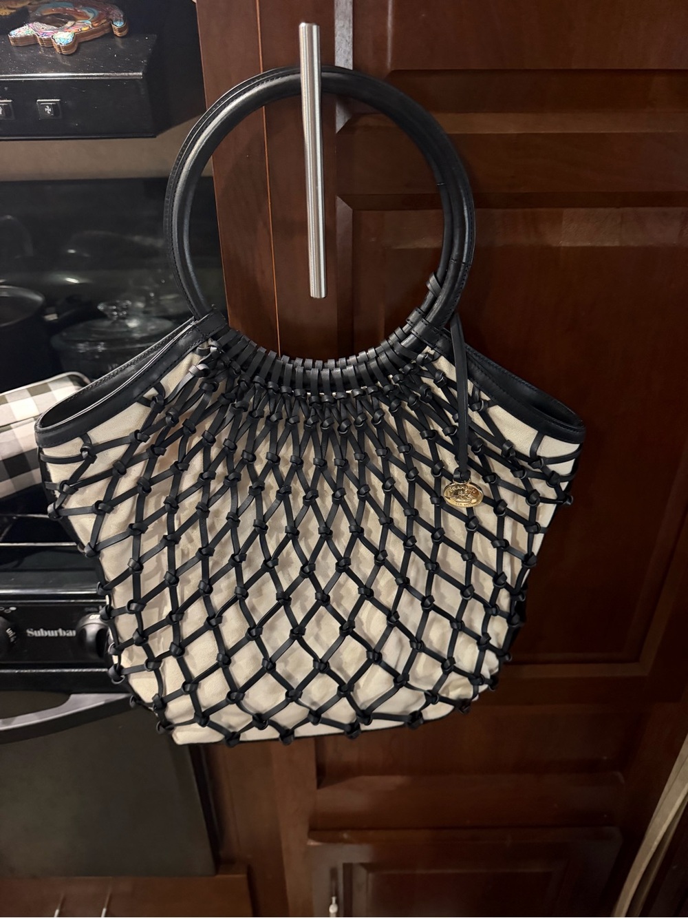 Brahmin Black and Cream Knotted Net Tote with Round Handles